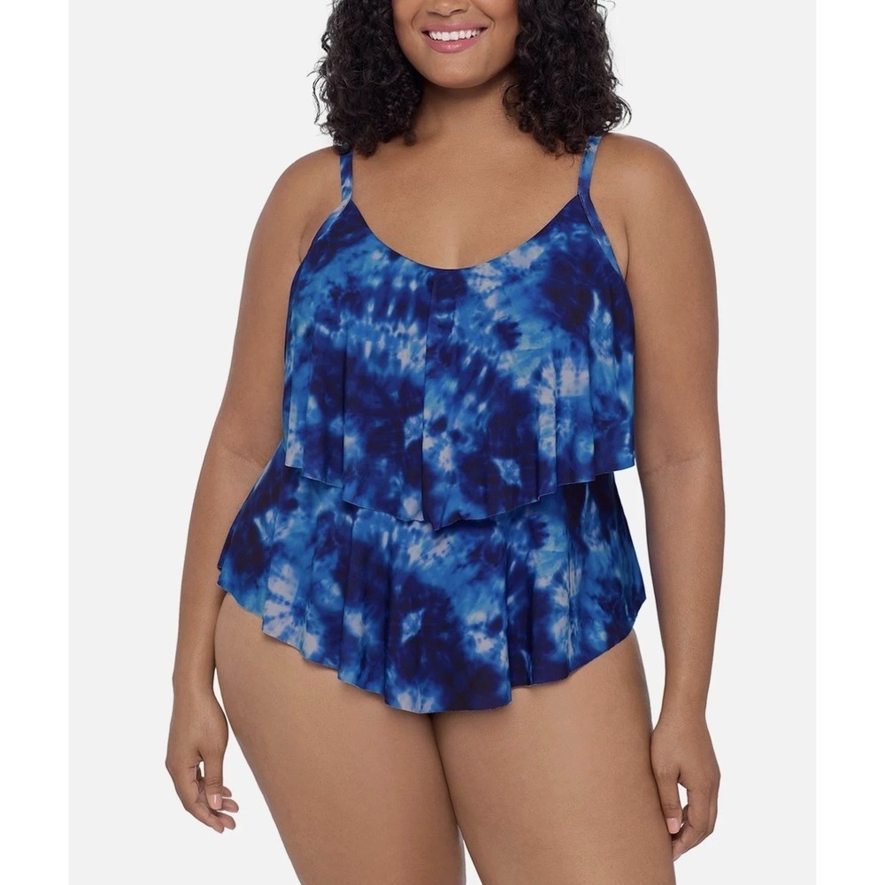 Longitude Ronnie Tankini Swim Top Rip Tide Blue Wireless Padded Flowy Women's 18